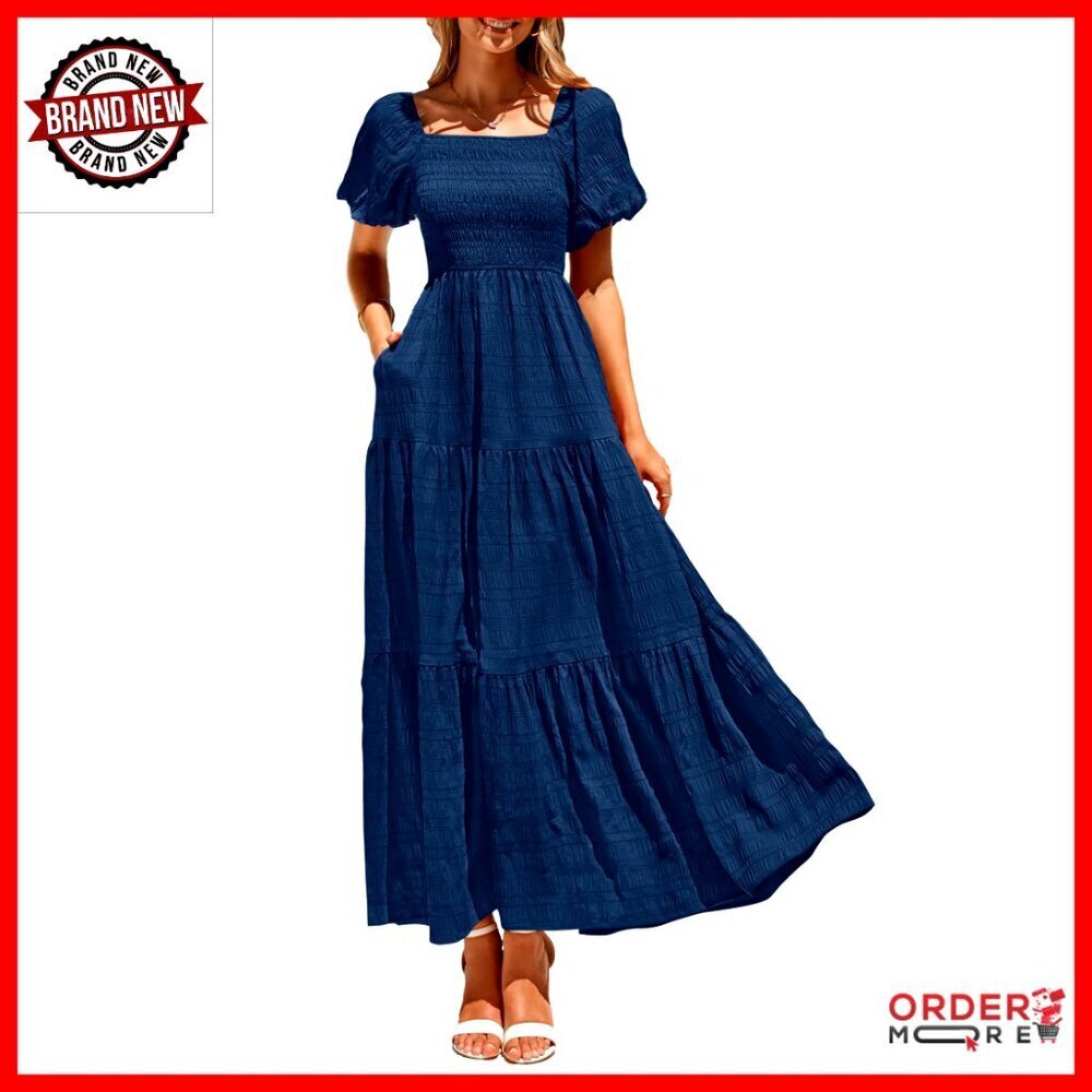 Summer Puff Sleeve Maxi Dress Square Neck Smocked Tiered Ruffle Flowy Beach